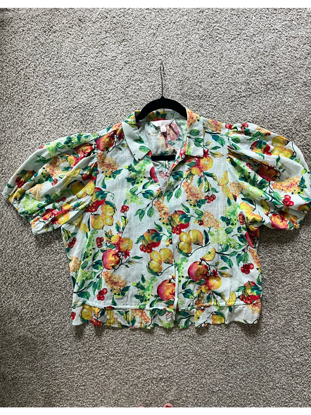 Floral Puff-Sleeve Drawstring Crop Top - Lemon Print - Picture 4 of 7